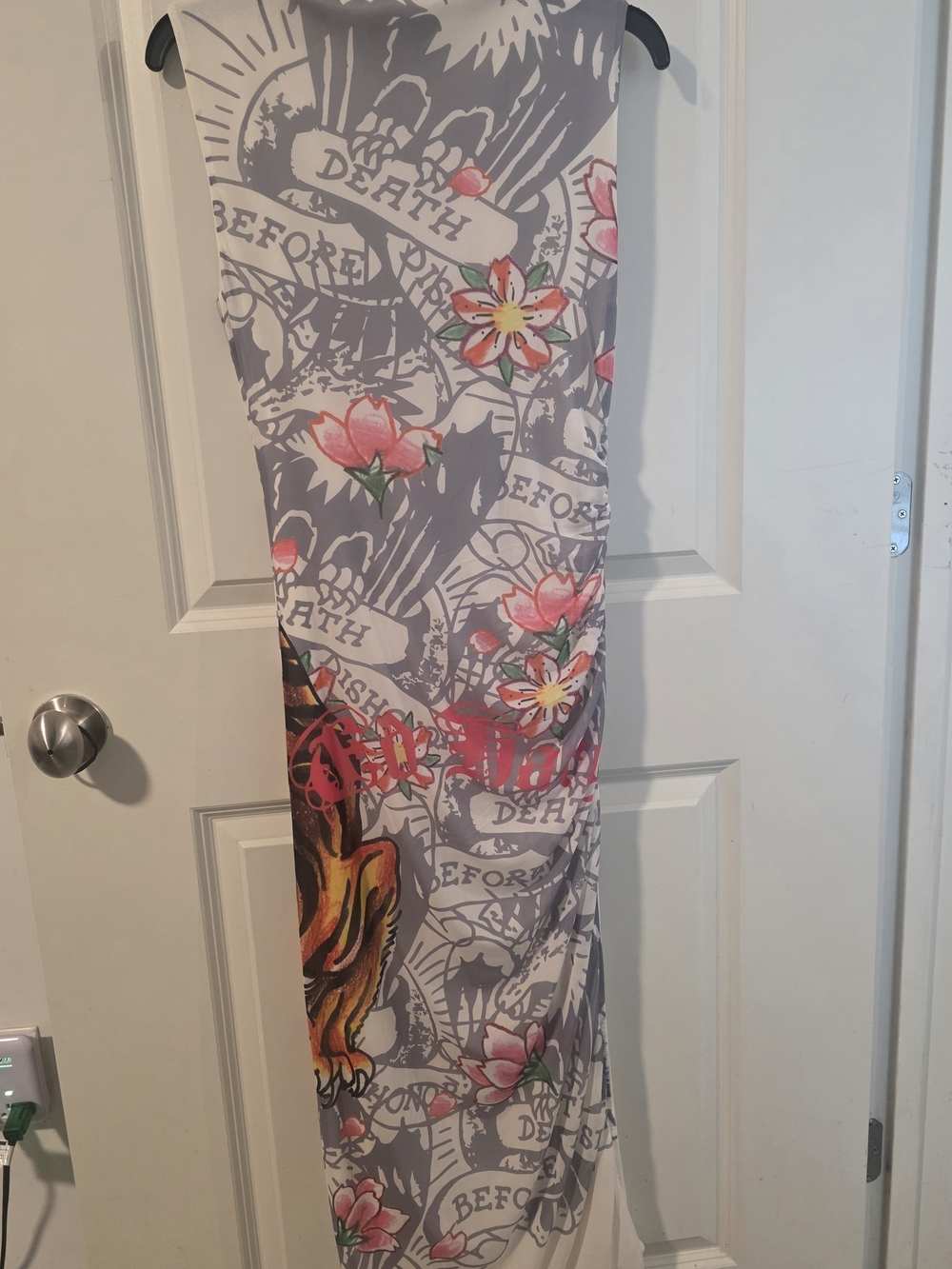 Ed Hardy Grey Midi Dress with Pink Floral & Orange Tiger Print - Picture 3 of 5
